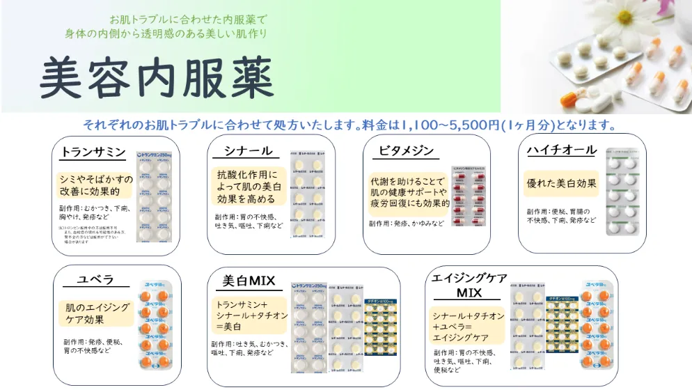 お肌トラブルに合わせた内服薬で身体の内側から透明感のある美しい肌作り【美容内服薬】
          それぞれのお肌トラブルに合わせて処方いたします。 料金は1,100～5,500円 (1ヶ月分)となります。
          ■トランサミン　シミやそばかすの 改善に効果的　副作用: むかつき、下痢、胸やけ、発疹など　トロンビン服用中の方は服用できません。また、血栓症の現れる可能性のある方、腎不全の方などは服用ができない場合がございます。 
          ■シナール　抗酸化作用に よって肌の美白 効果を高める　副作用 胃の不快感、 吐き気、嘔吐、下痢など
          ■ビタメジン　代謝を助けることで 肌の健康サポートや 疲労回復にも効果的　副作用 発疹、かゆみなど
          ■ハイチオール　優れた美白効果　副作用: 便秘、 胃腸の 不快感、下痢、 発疹など
          ■ユベラ　肌のエイジングケア効果　副作用:発疹、便秘、 胃の不快感など
          ■美白 MIX　トランサミン+シナール+タチオン =美白　副作用 吐き気、 むかつき、 嘔吐、下痢、発疹など
          ■エイジングケア MIX　シナール+タチオン+ユベラ=エイジングケア　副作用 胃の不快感、 吐き気、嘔吐、下痢、 便秘など